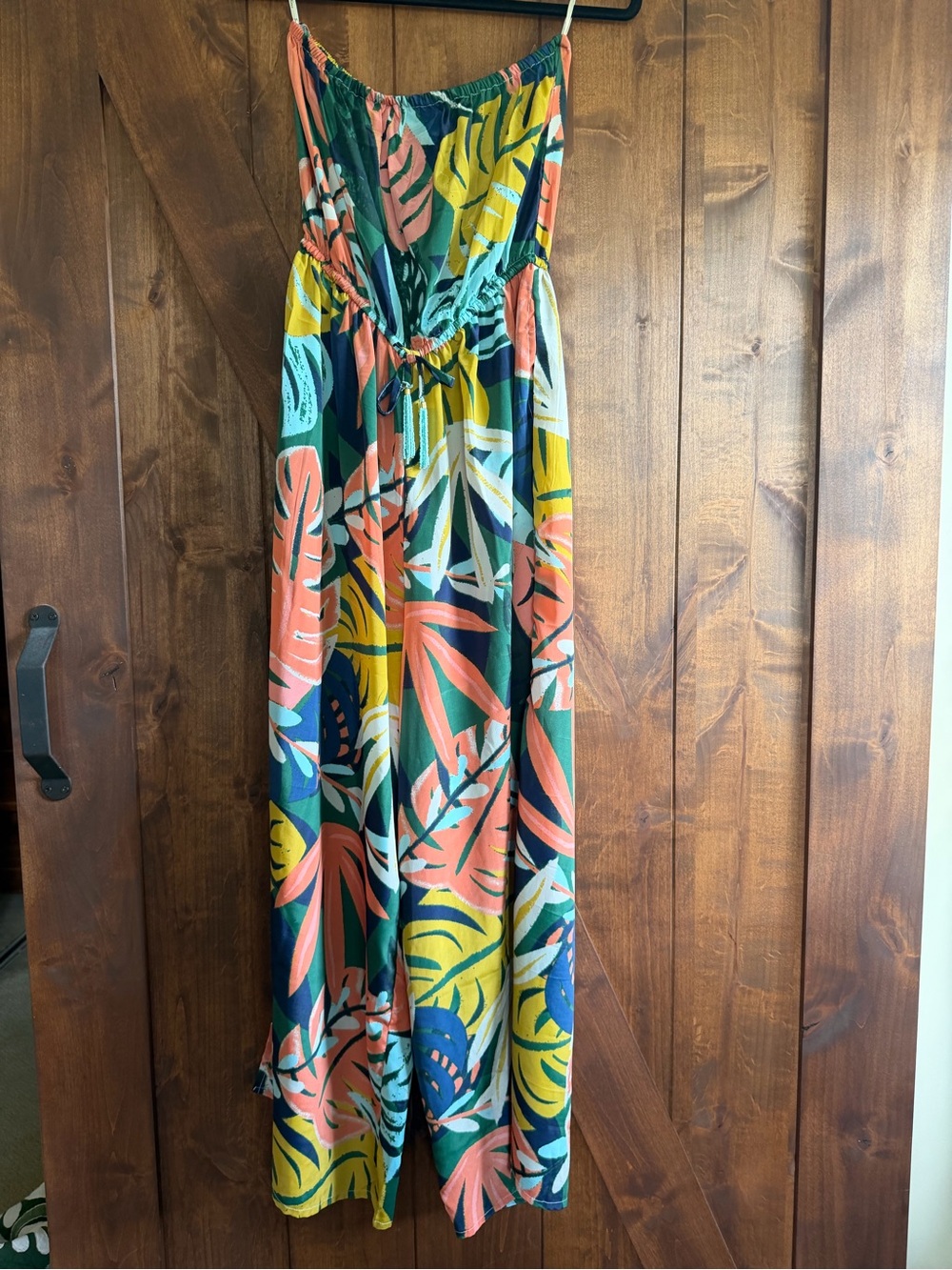 True Destinations Tropical Palm Leaf Strapless Jumpsuit W/Pockets Wide Leg S LG